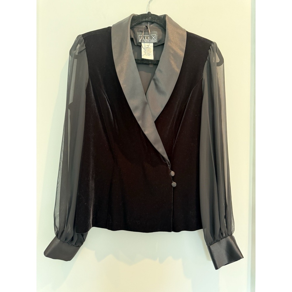 Alex Evenings black velvet top with sheer sleeves Sz M Satin Collar Party